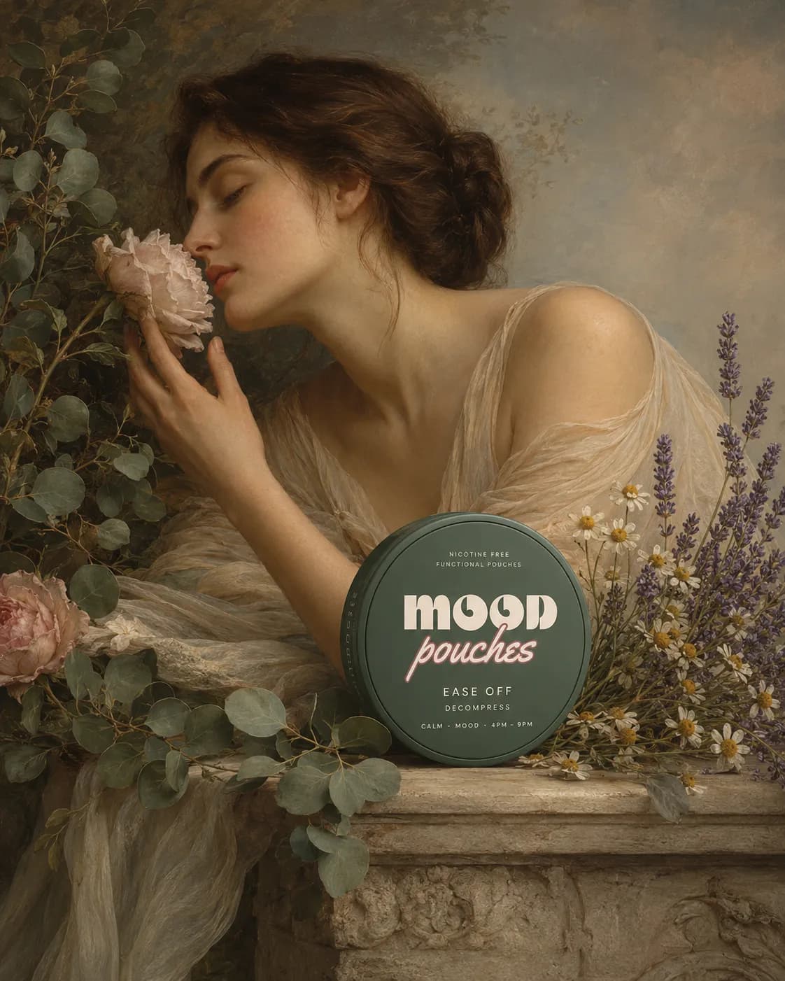 A woman with roses, eucalyptus and lavender, resting the sage tin.