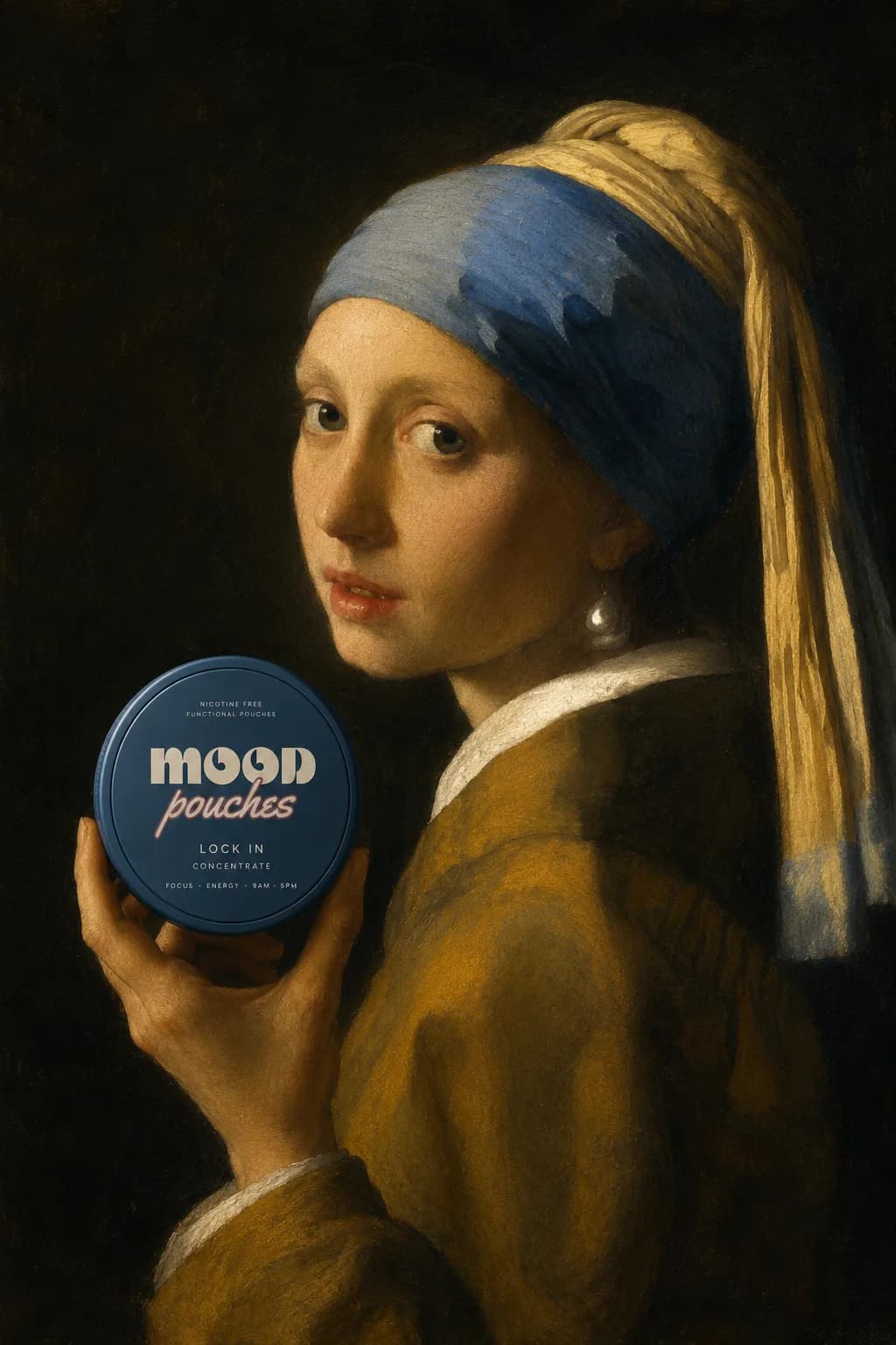 A girl with a pearl earring, holding the blue tin.