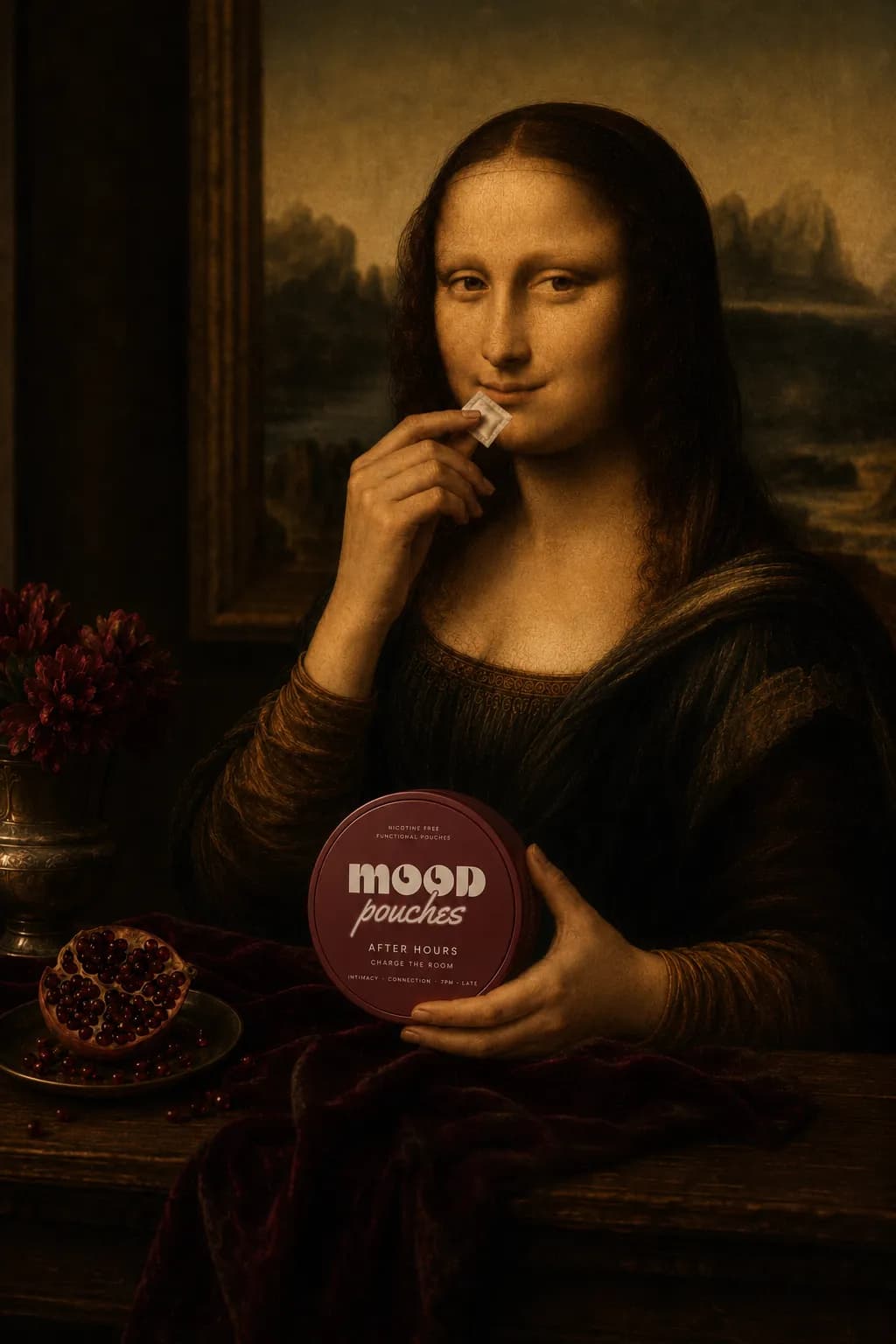The Mona Lisa, holding the red tin.